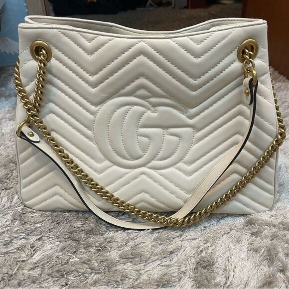 Gucci Marmont Chevron Large Leather Chain Strap Tote Bag in Natural White Ivory - Picture 4 of 17